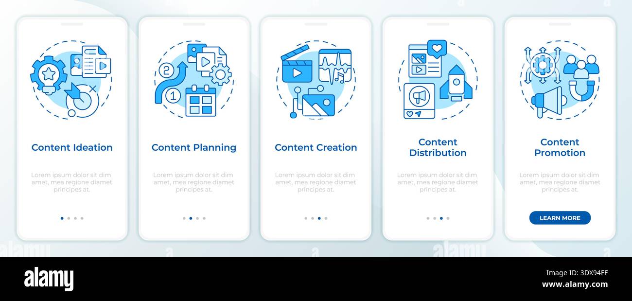 Content lifecycle process blue onboarding mobile app screen Stock Vector