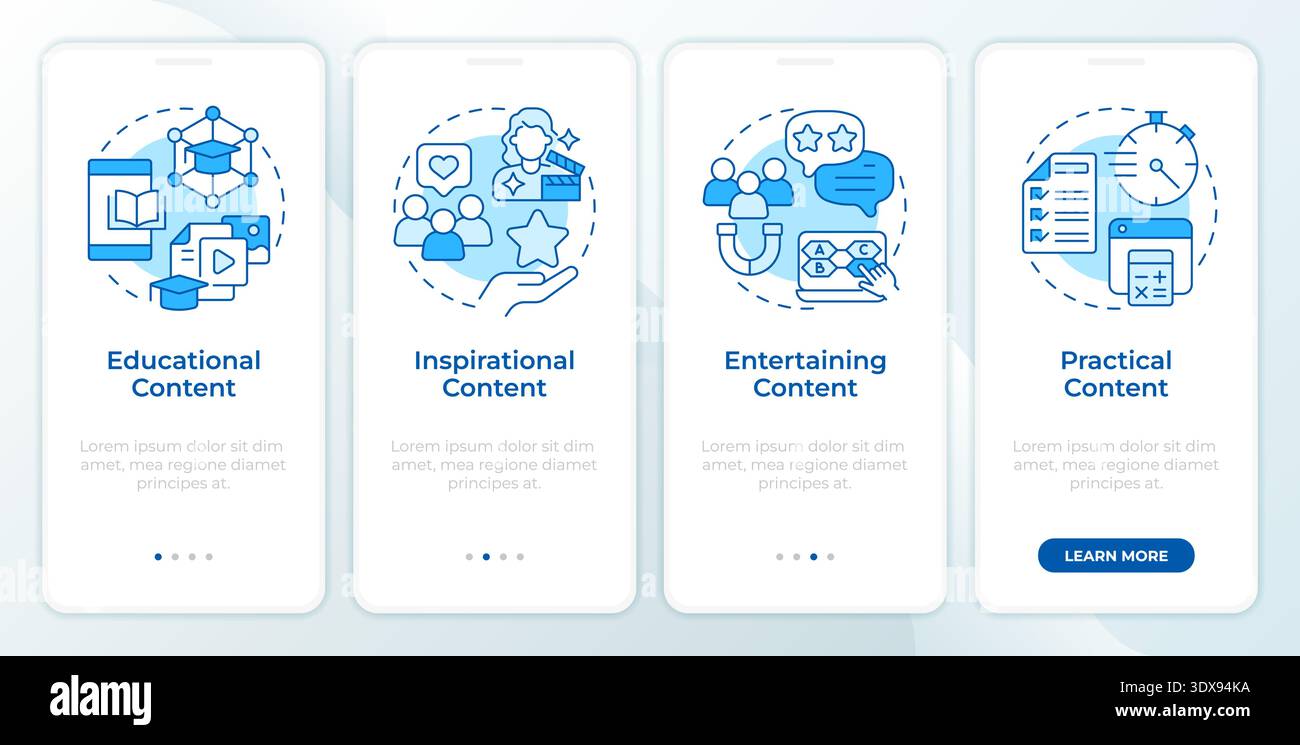 Content types by objective blue onboarding mobile app screen Stock Vector