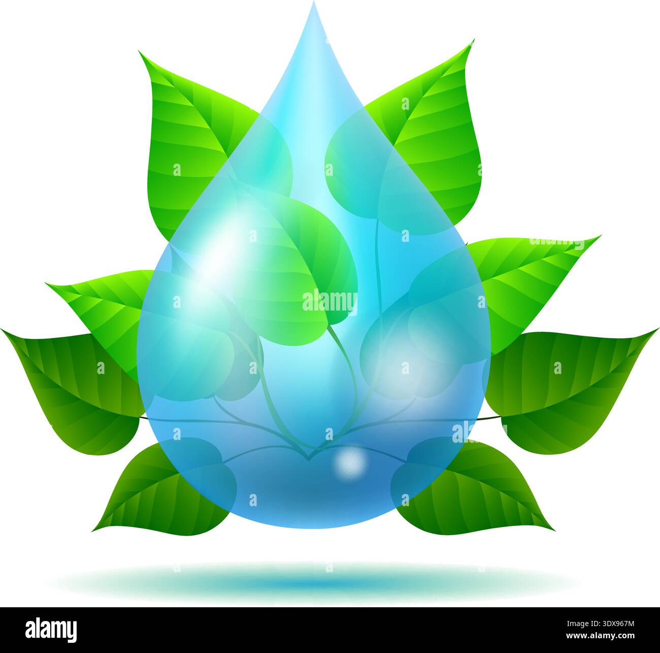3d water drop with green leaves Stock Vector