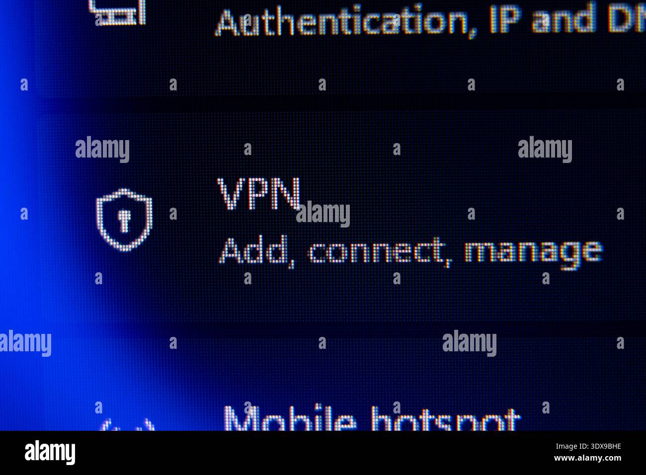 Virtual Private Network VPN configuration menu on a digital display, interface for adding and managing secure encrypted internet connections for data Stock Photo