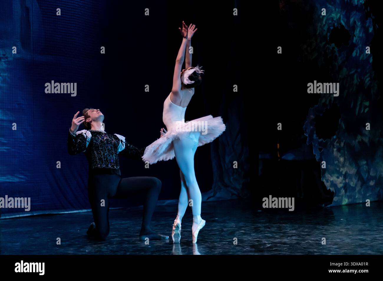 classical ballet dancer in white tutu performing  with partner. Stock Photo