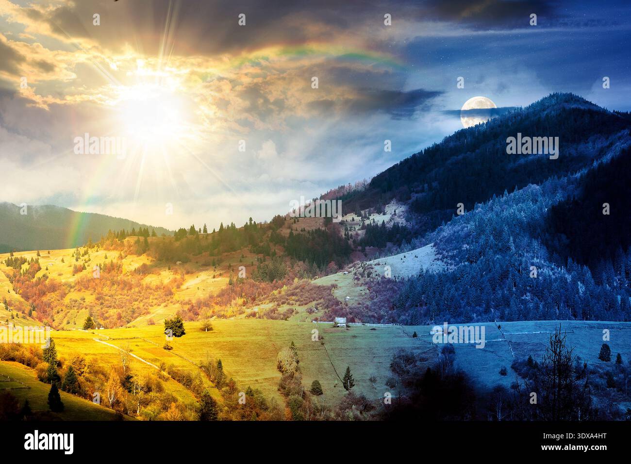 autumn landscape of rural region in mountains. day and night time change concept. rolling hills with green alps with sun and moon. serene countryside Stock Photo