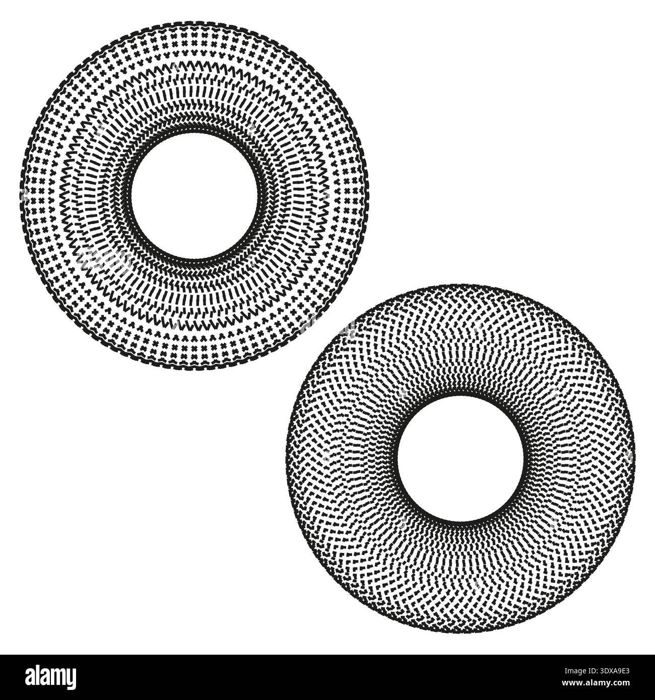 Mesh torus set. Wire ring pair. Geometric grid Vector. 3d circle form. EPS 10. Stock Vector