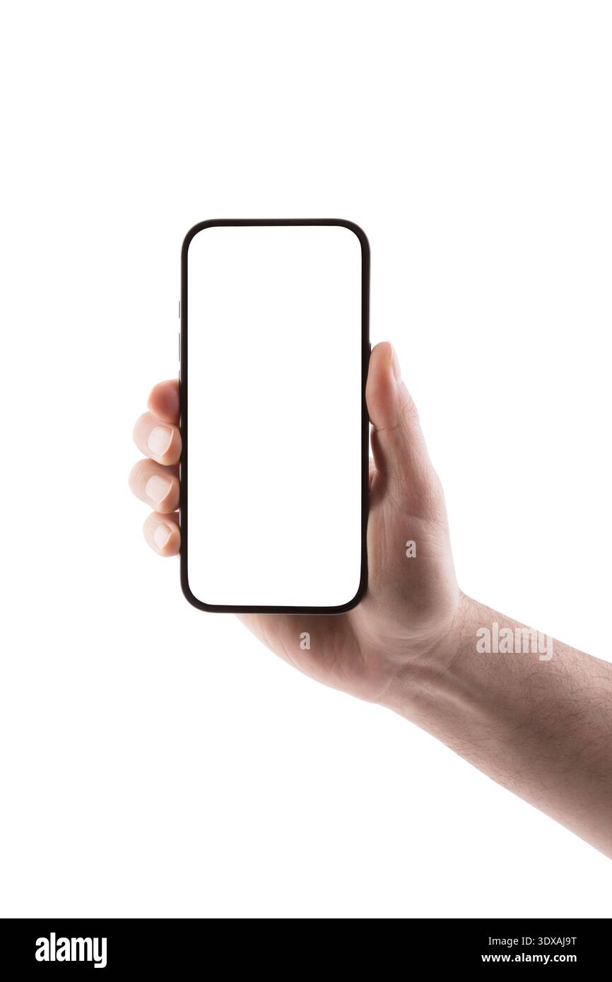 Hand holding modern smartphone with blank screen isolated on white background with clipping path Stock Photo