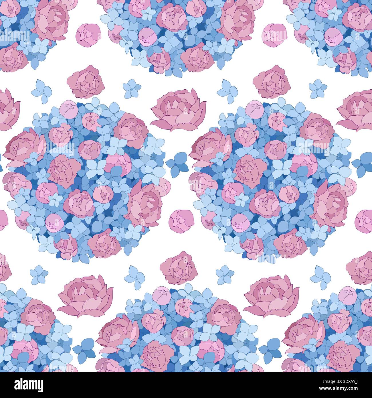 pink peonies and blue hydrangeas, seamless vector pattern. Stock Vector