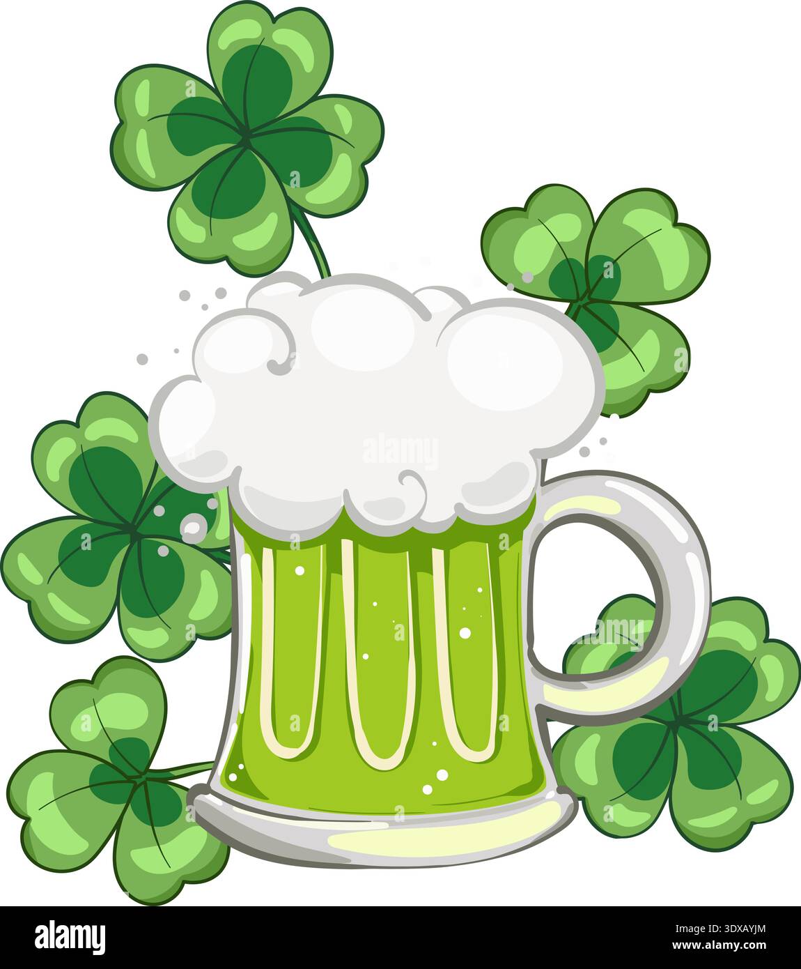 A pixel art of a green beer mug with four leaf clovers Stock Vector