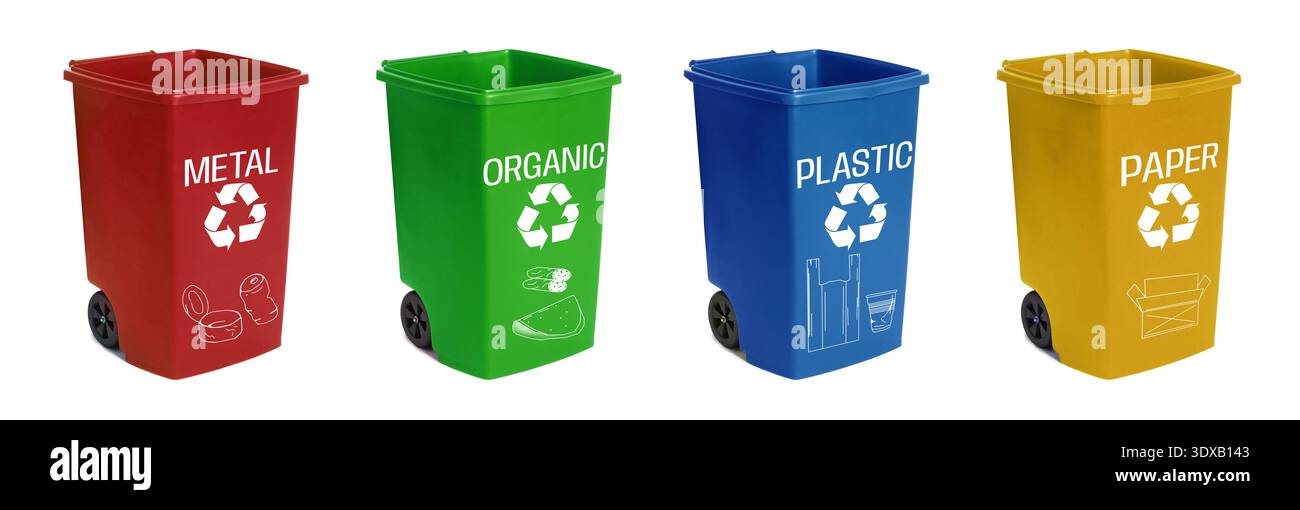 Garbage Container Different Color Garbage cans in different colors for waste separation isolated on white ...