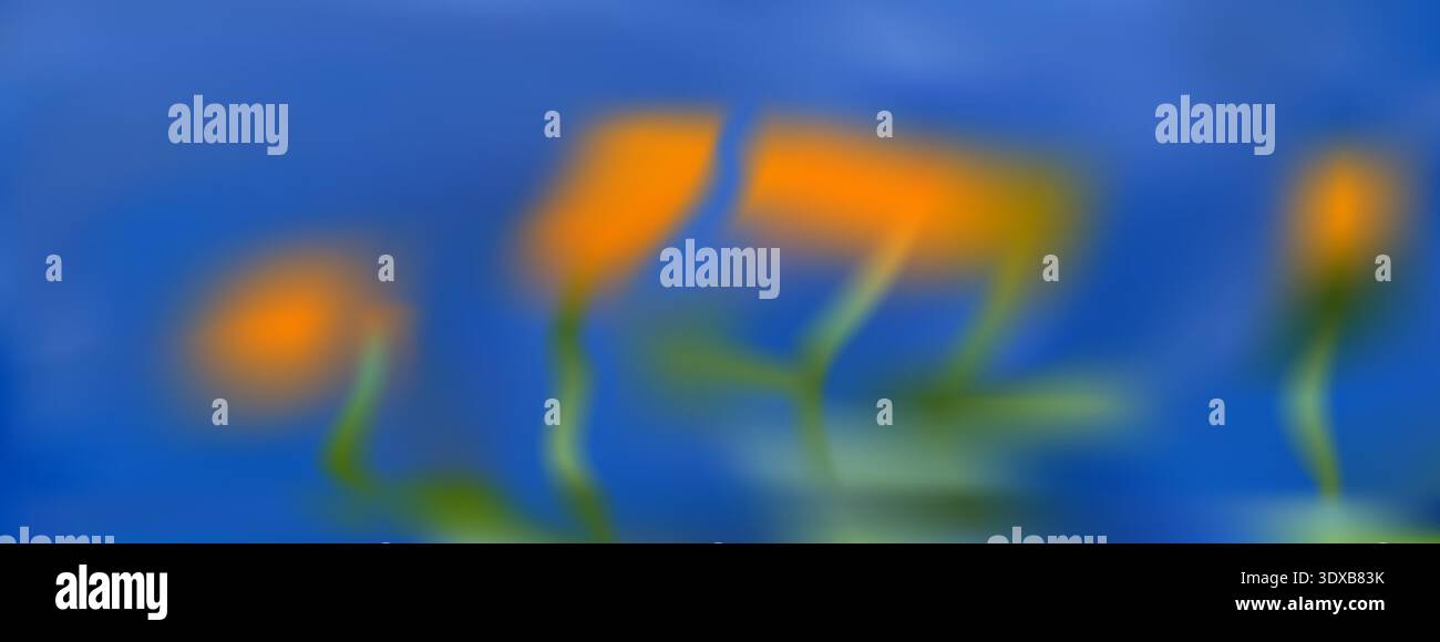 Spring blur flower gradient background. Gentle orange flower on blue gradation summer background. Vector yellow soft focus botanical shapes on fashion Stock Vector