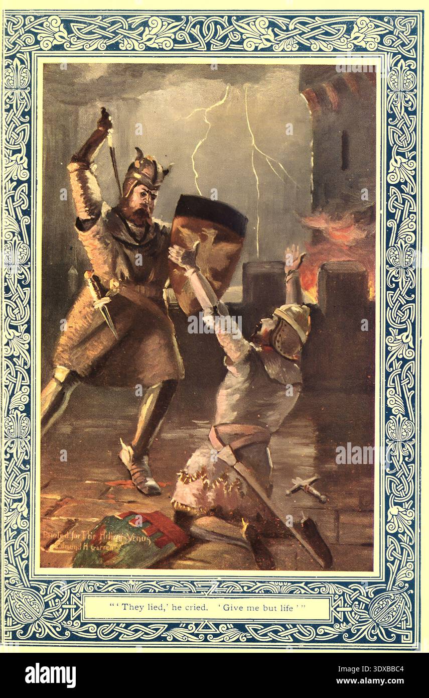 Triumphant knight raises sword and shield against a stormy sky ...