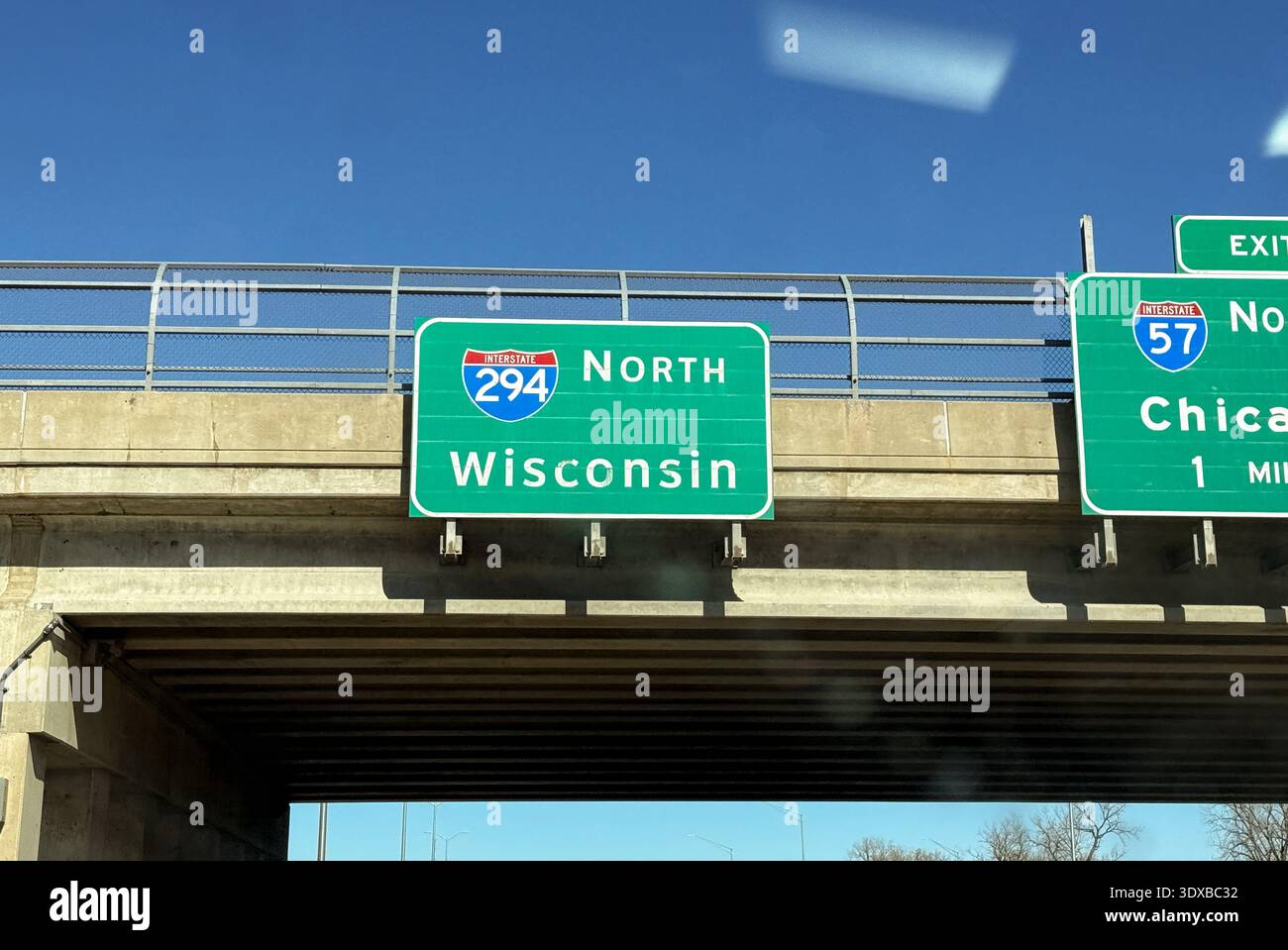 Expressway sign for 294 North to Wisconsin on an overpass. South Suburbs, IL USA March 1, 2026 - Smartphone Captured Stock Image