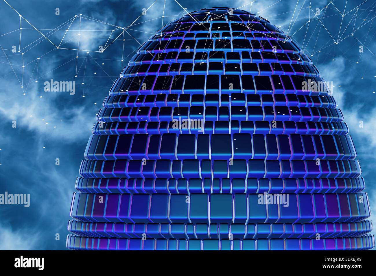 A glowing blue digital dome structure illuminated at night with a cloudy sky backdrop. 3d rendering Stock Photo