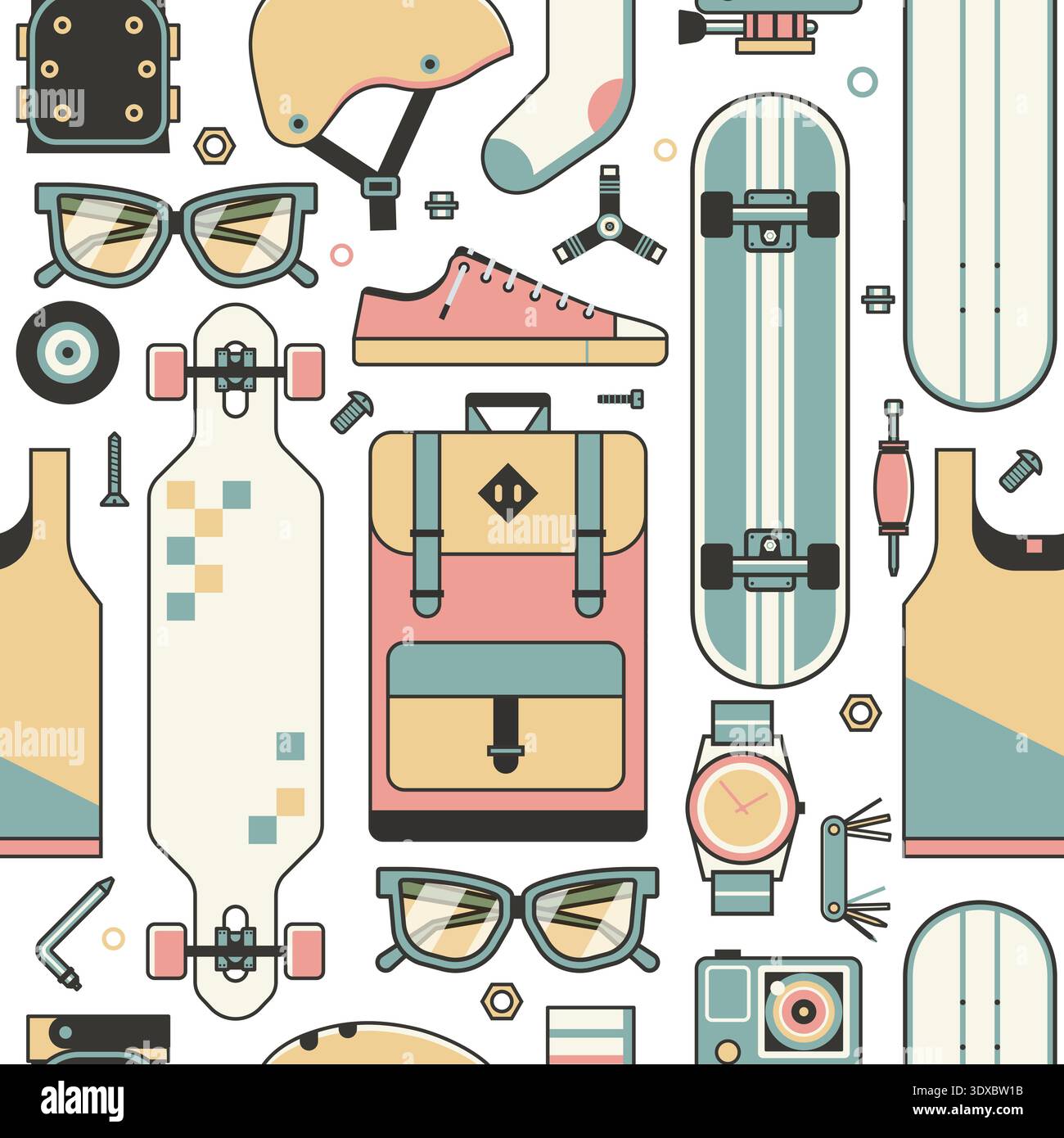 Skateboard Lifestyle Pattern with Riding Icons Stock Vector