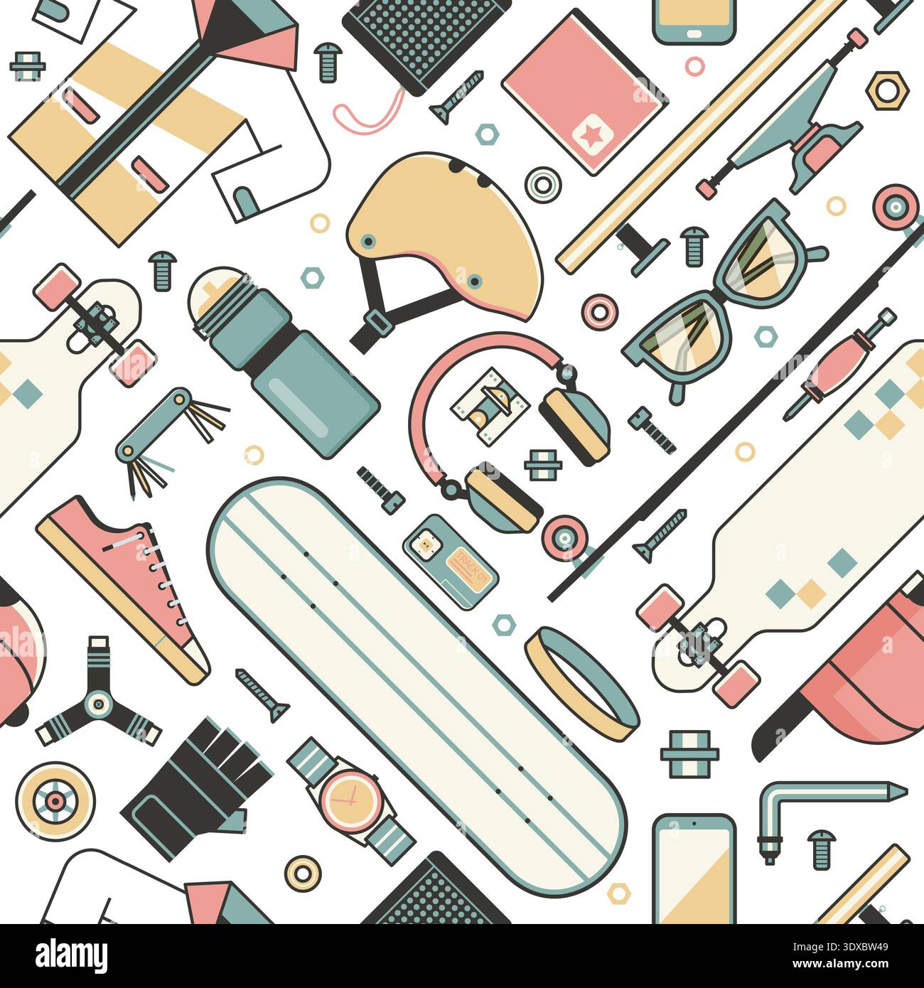 Skateboard Lifestyle Pattern with Riding Icons Stock Vector