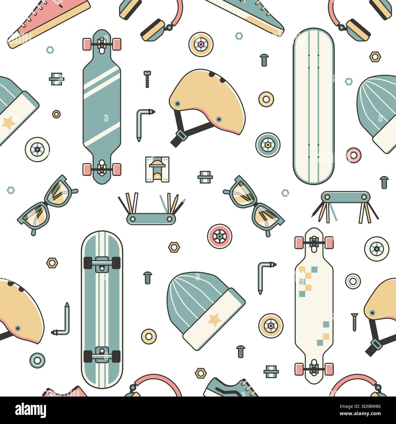 Skateboard Lifestyle Pattern with Riding Icons Stock Vector