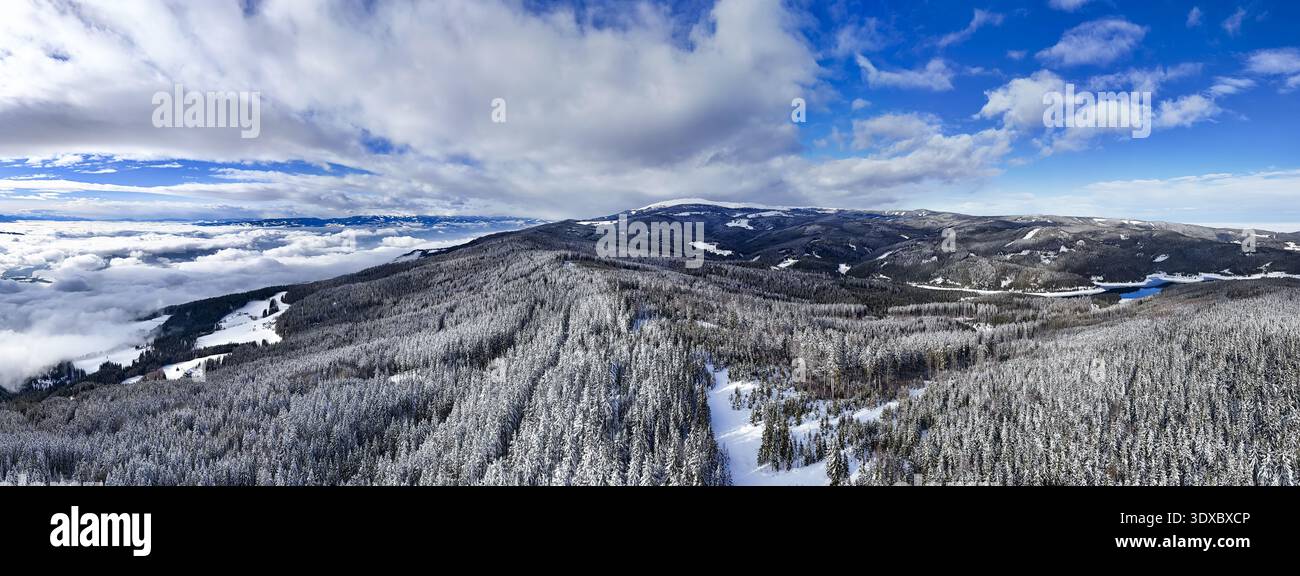 Aerial view of a snow-laden forest stretches across rolling hills towards a distant lake under a sky of mixed clouds and bright blue, Soboth, Styria, Stock Photo