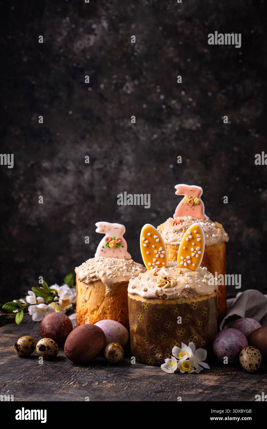 Traditional Easter cake kulich and eggs Stock Photo