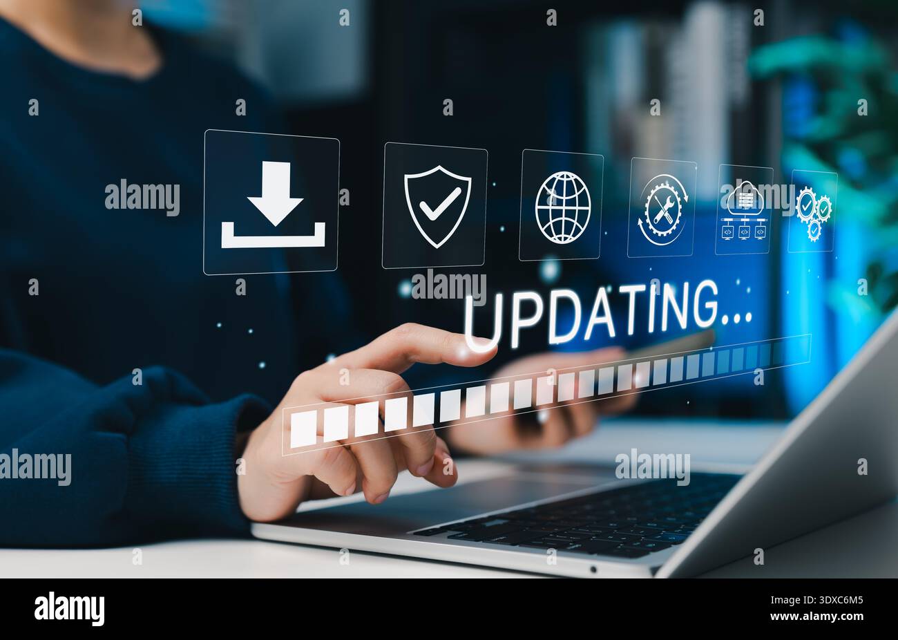 Software update or operating system, update software application upgrade technology concept. updating progress bar, installing app patch, new version Stock Photo