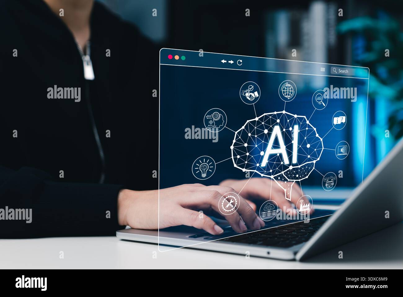 AI, Artificial intelligence technology concept. Person using laptop with brain interface, machine learning icons and big data analysis for futuristic Stock Photo