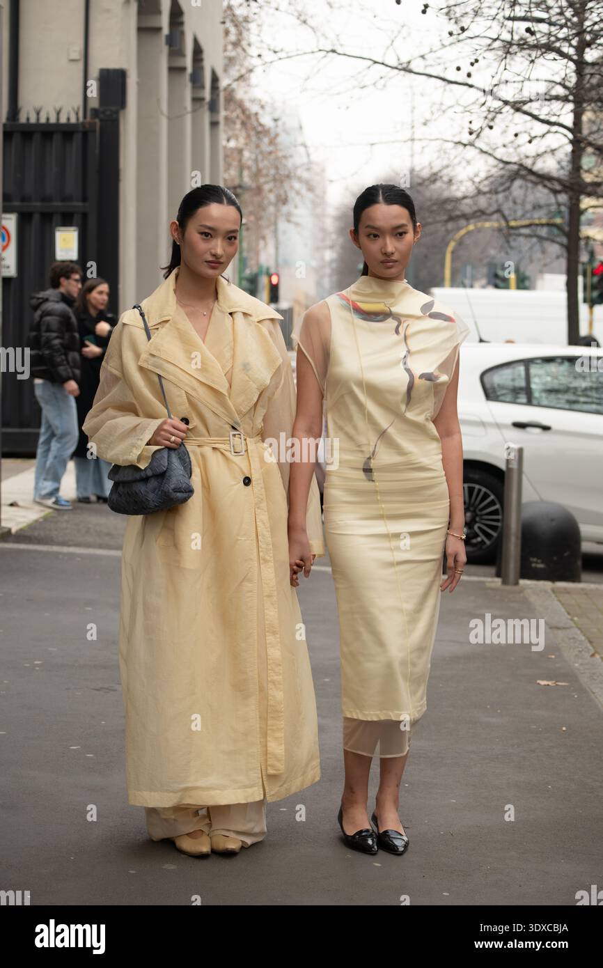 Guests arriving at Sportmax Fashionshow during Milan Fashionweek AW 26 Stock Photo