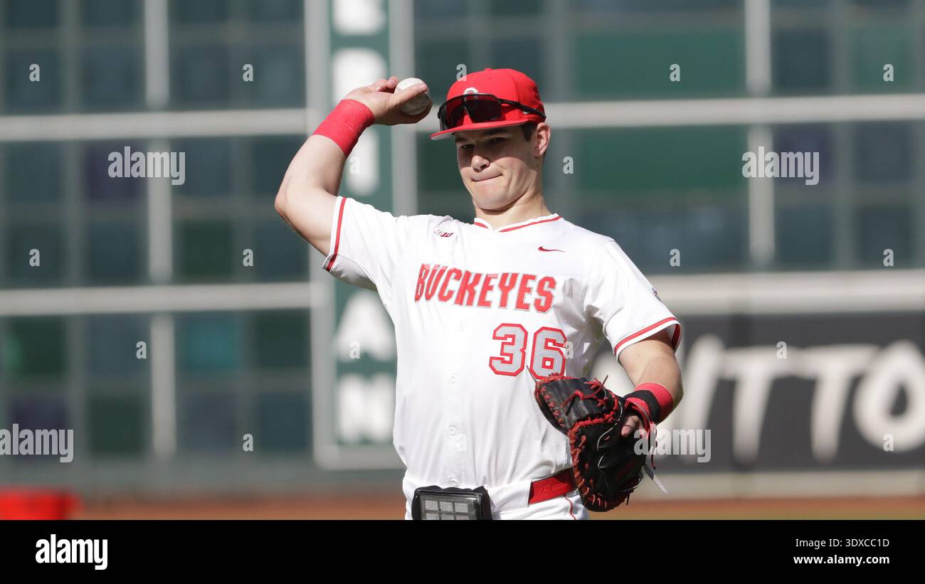 Ohio State Catcher Austin Rose During An NCAA Baseball Game Against Ohio State Catcher Austin Rose During An Ncaa Baseball Game Against Mississippi On Saturday Feb 28 2026 In Houston Ap Wyke 3DXCC1D 