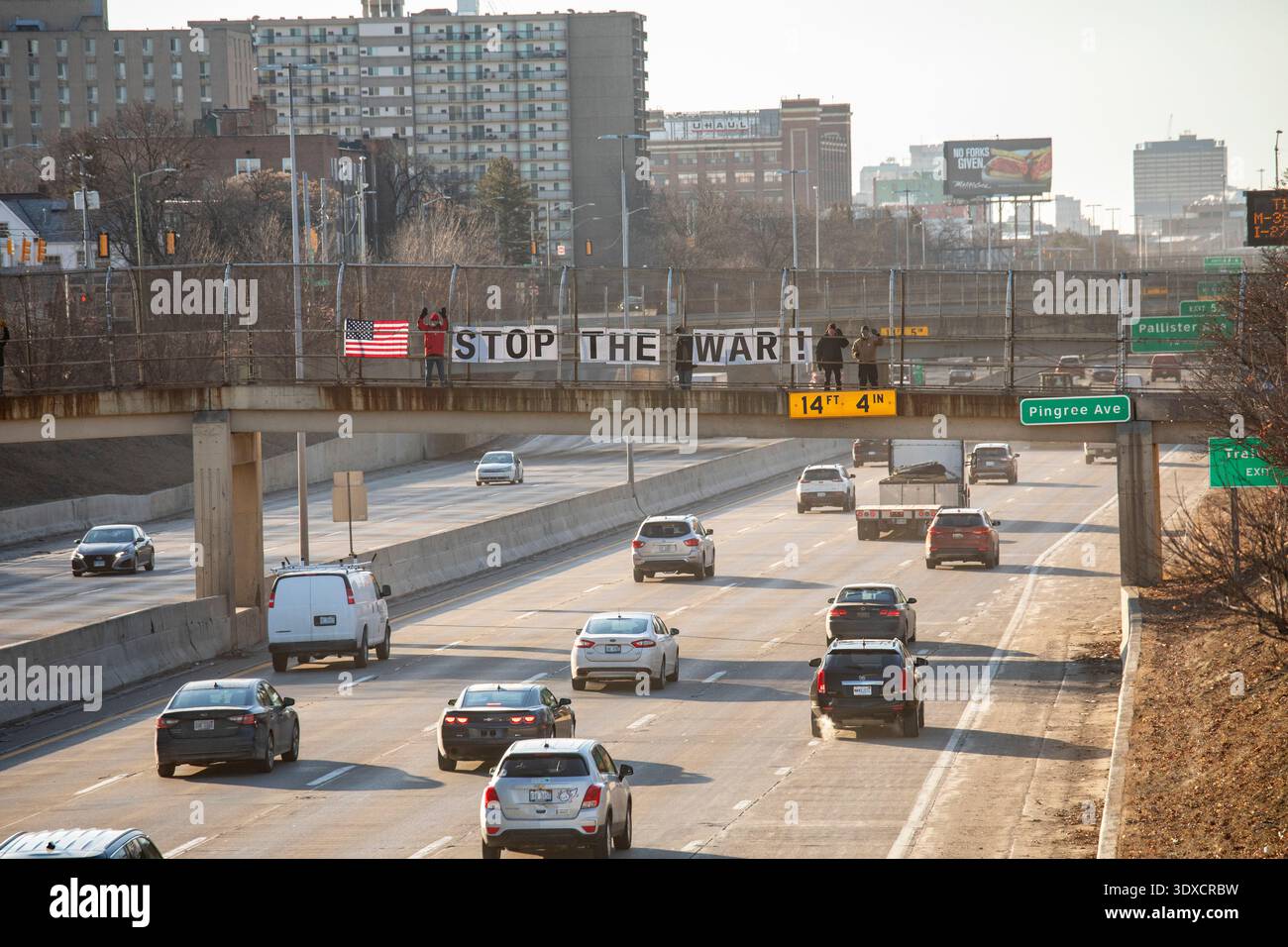 Detroit, Michigan, USA. 2nd Mar, 2026. Signs are posted on a pedestrian ...
