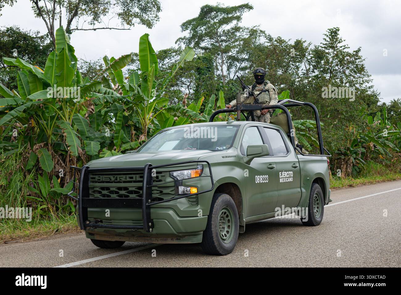A Mexican Army soldier stands guard in the turret of a matte green Chevrolet Silverado during gang retaliation after killing El Mencho. Stock Photo