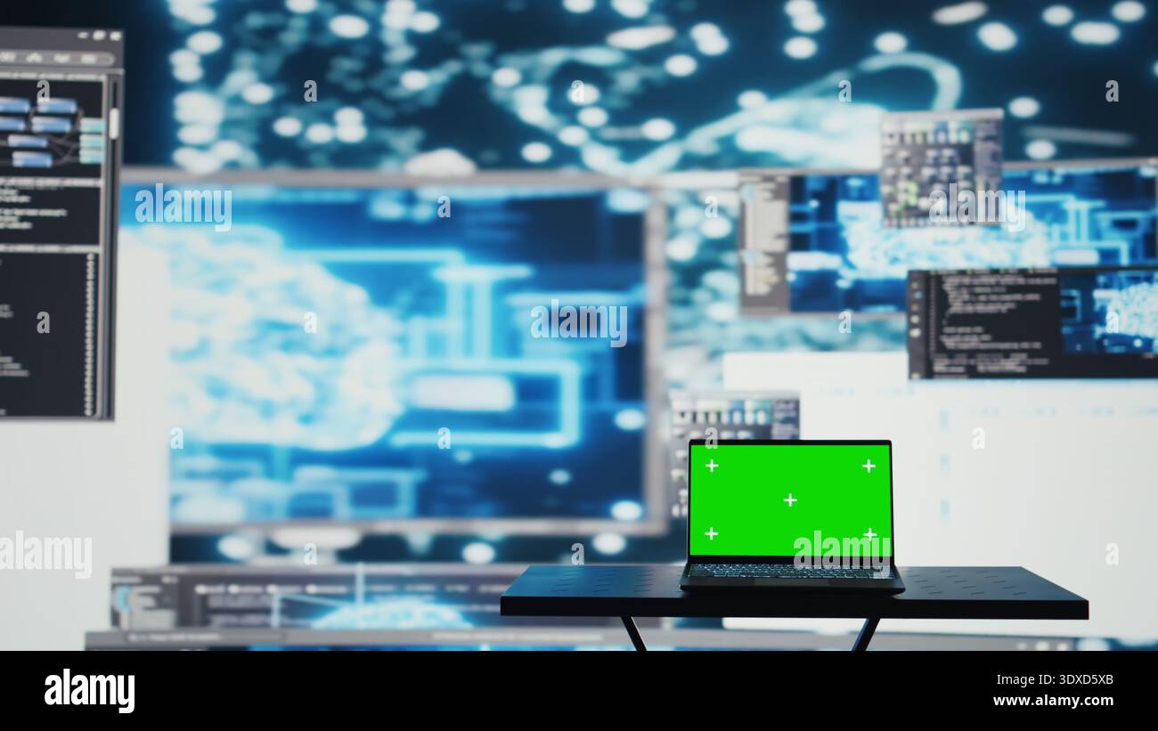 Laptop running isolated mockup screen next to AI neural networks system, used for practicing deep learning and cloud computing. Tech implementing artificial intelligence brain. Camera B. Stock Photo