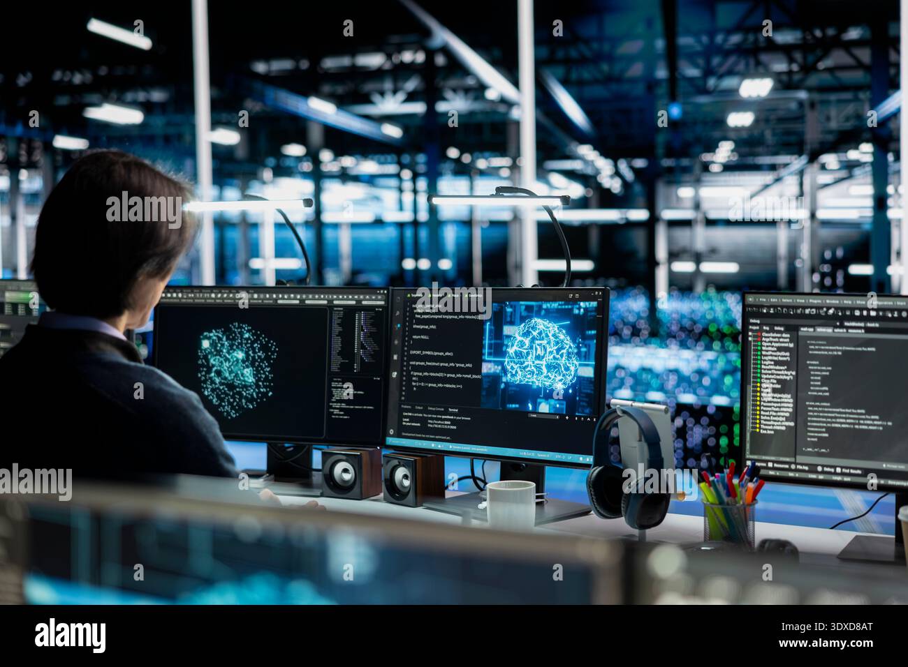 Data center admin running simulations for AI driven forecasting, tracking performance. Server room IT employee integrating artificial intelligence APIs into software platforms Stock Photo