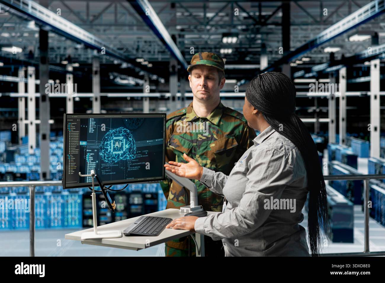 Army tech expert in data center presenting tactical options to commander based on predictive AI models analysis. Server farm workers reading artificial intelligence reports Stock Photo