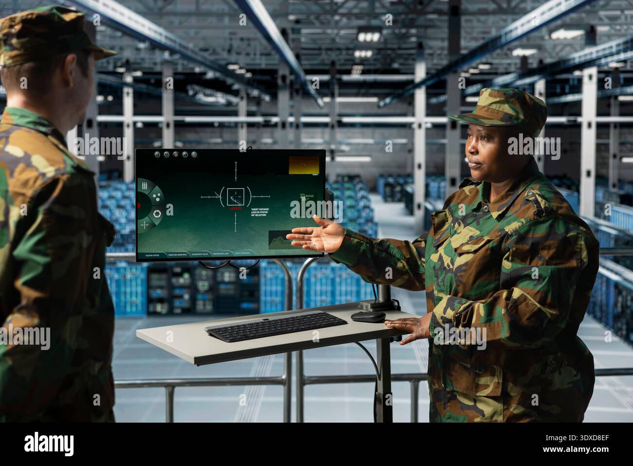 Army soldiers looking at real time missile targeting visuals on screen ...