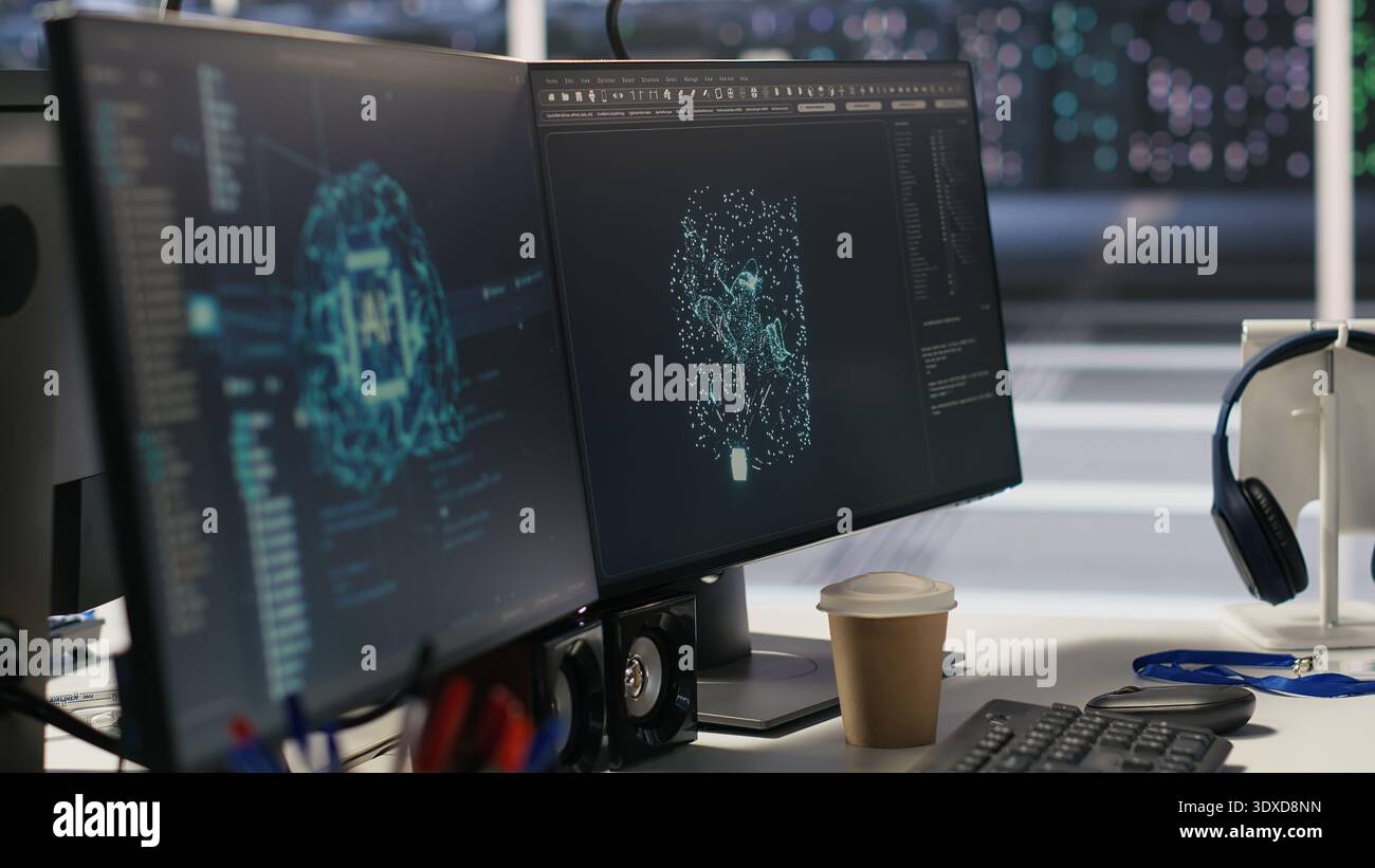 Data center PCs showing neural network visualization and code debugging tools running. Computer systems in server farm powering machine learning and automated research tasks Stock Photo