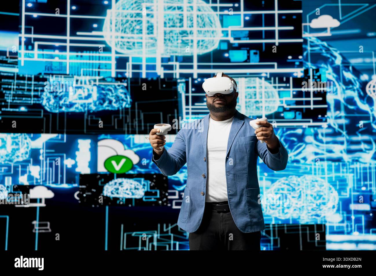 African American engineer working on machine learning with virtual reality tools, implementing models and intelligent systems via neural networks. Programming and cloud computing. Stock Photo