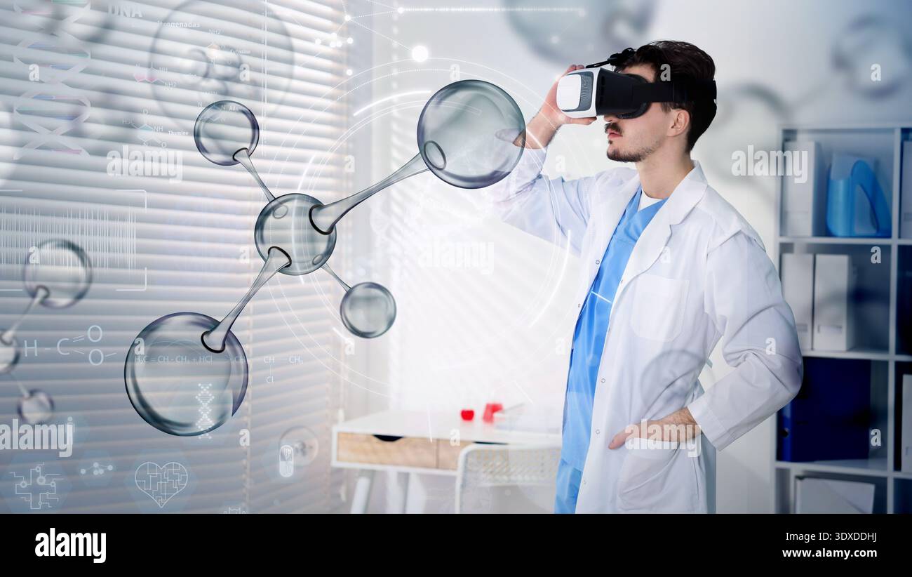 Scientist using VR headset, double exposure with virtual elements. Future technology in biochemistry Stock Photo