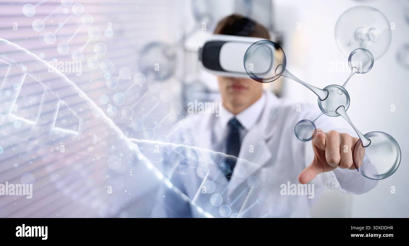 Scientist using VR headset, double exposure with virtual elements. Future technology in biochemistry Stock Photo