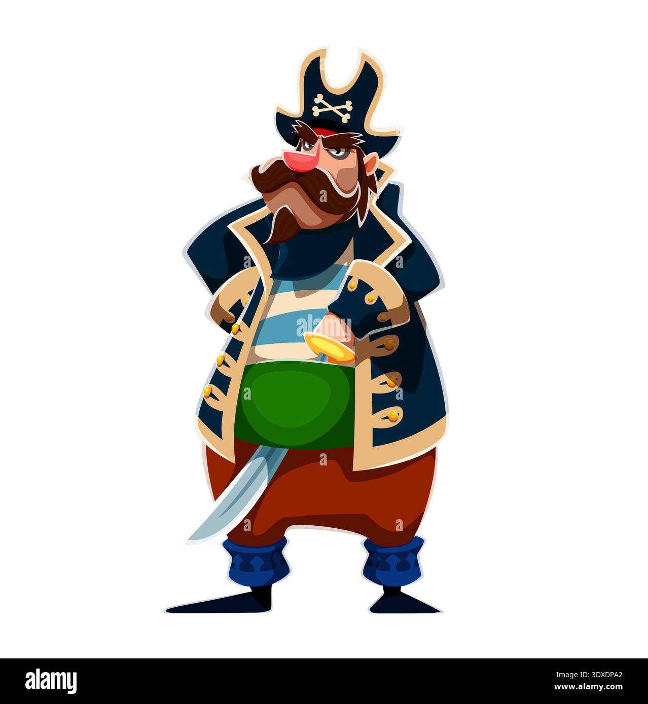 Cartoon Caribbean pirate captain character holds a curved sword and ...