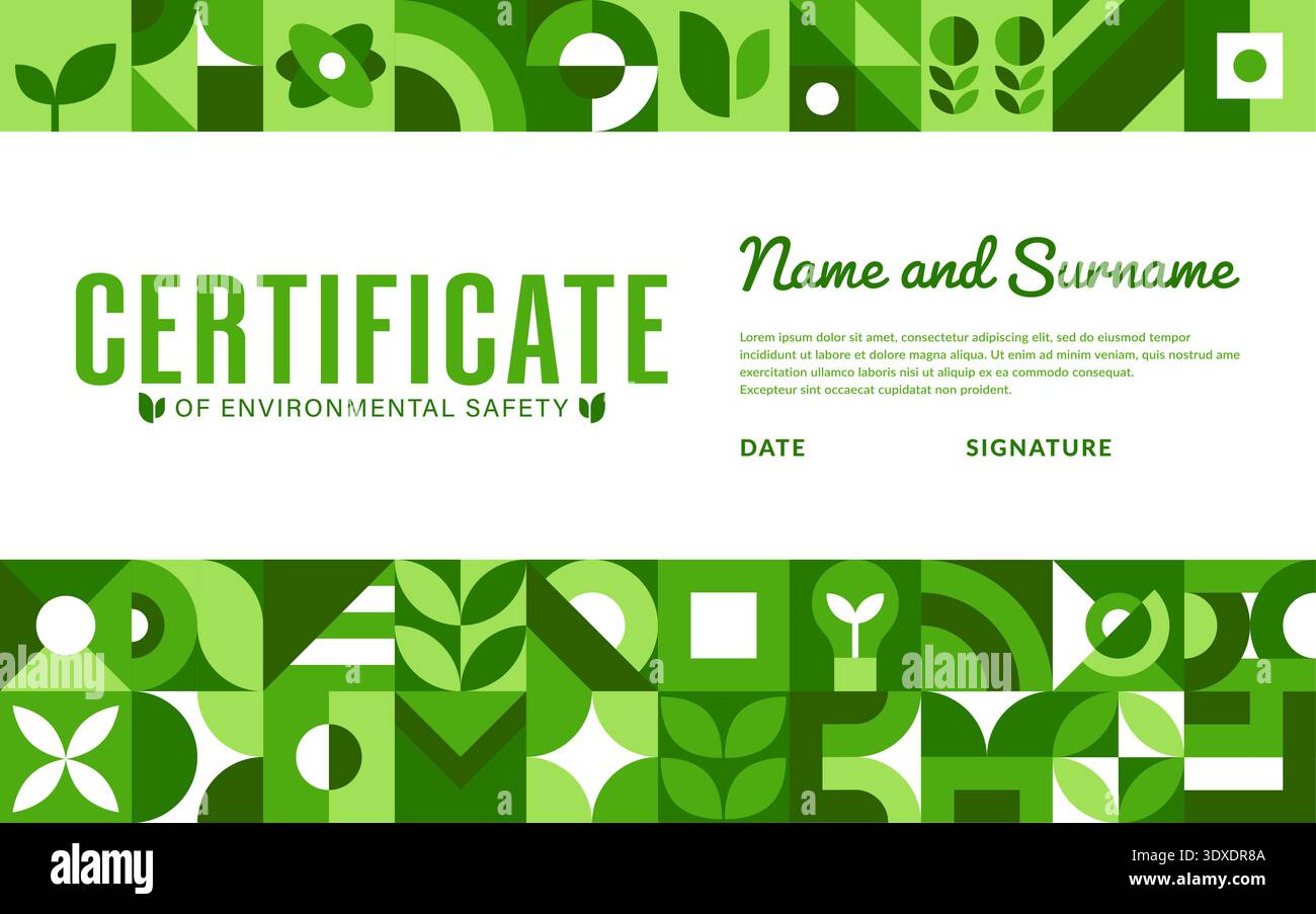 Eco friendly certificate template with green geometric abstract nature ...