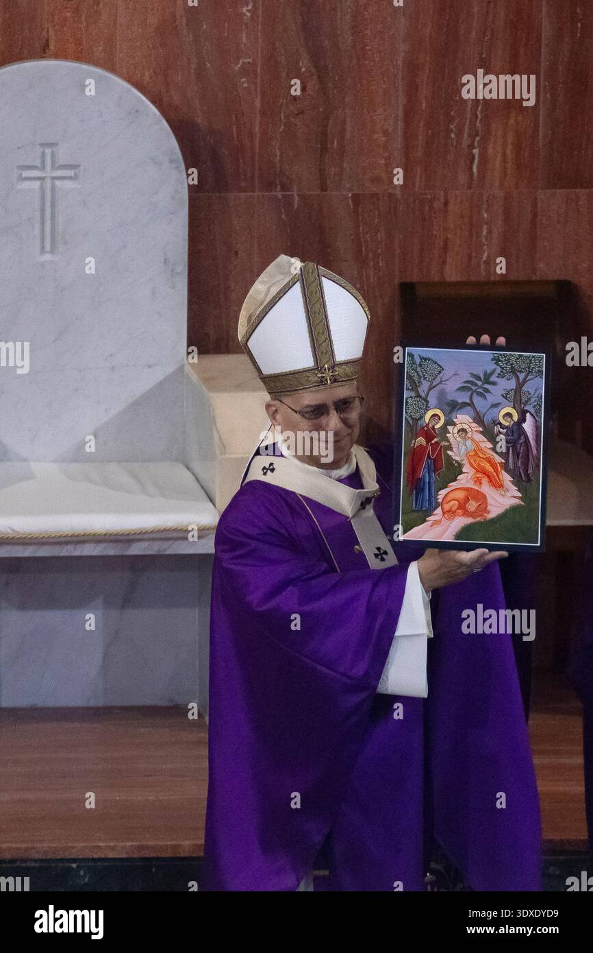 Pope Leo XIV celebrates a mass during his visit to the parish of the ...