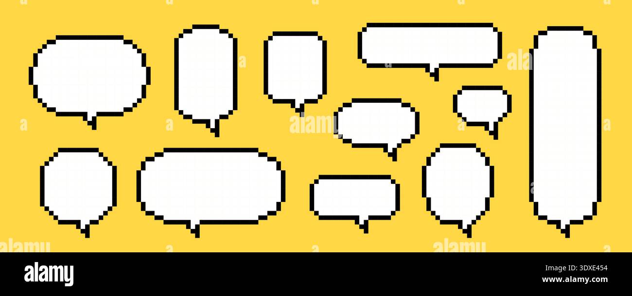 Blank pixel text box set. Empty pixelated chat frame collection. Retro 8 bit border shape pack for speach box bubble, message cloud, communication dialog, talk balloon. Vector illustration bundle Stock Vector