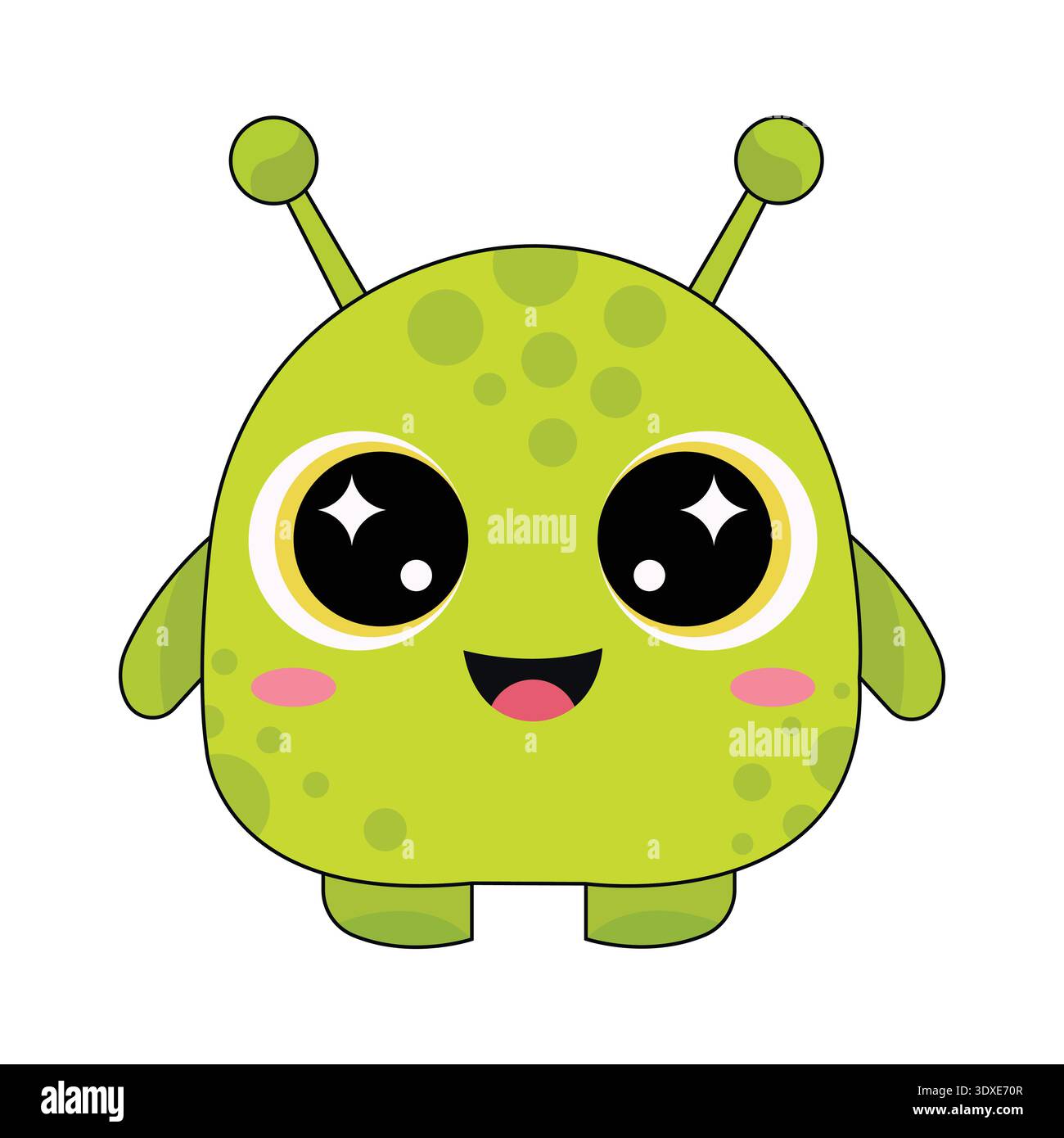 Cute Green Alien Monster with Two Antennas and Happy Smile Vector Illustration on White Background Stock Vector