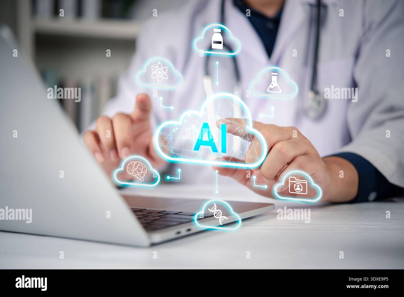 AI Artificial Intelligence analyzing big data for healthcare diagnostics. Doctor interacts with digital cloud interface, technology integration in mod Stock Photo