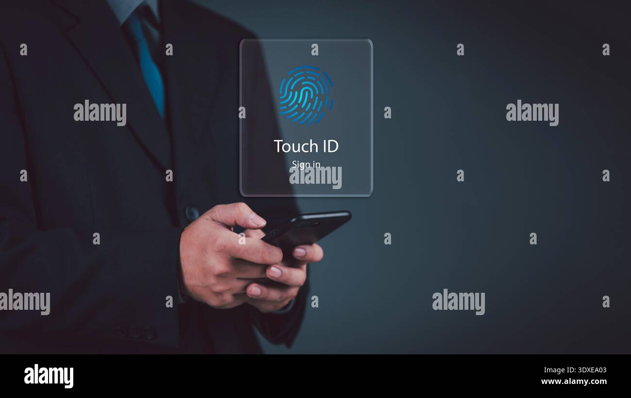 Smart technology security system man using phone fingerprint sensor scanning unlocking screen cyber safety authentication network interface modern inn Stock Photo