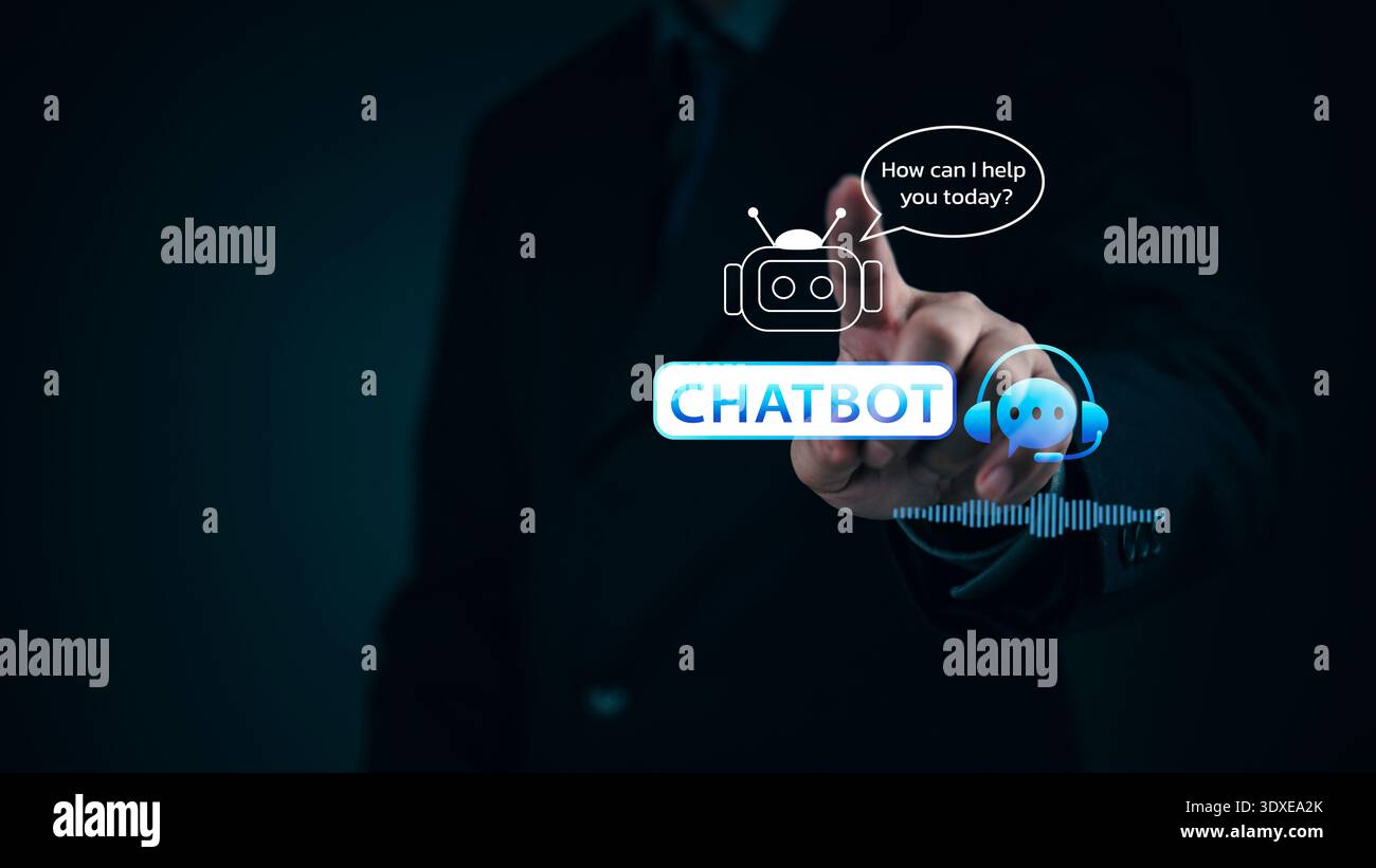 AI chatbot robot interaction. Businessman finger touching virtual screen interface. Artificial intelligence technology automation customer service sup Stock Photo
