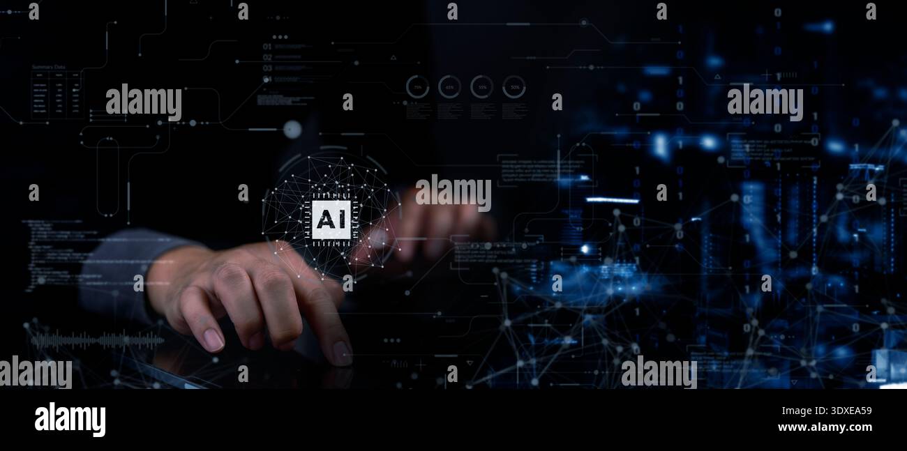 Businessman hand touching AI artificial intelligence icon. Digital technology, virtual interface, machine learning, neural network. Big data analysis Stock Photo