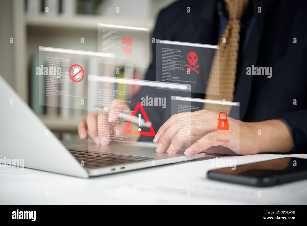 Cybersecurity threat, hacker attack concept. Businessman using laptop, system alert, data breach warning. Virtual interface show malware, virus, passw Stock Photo