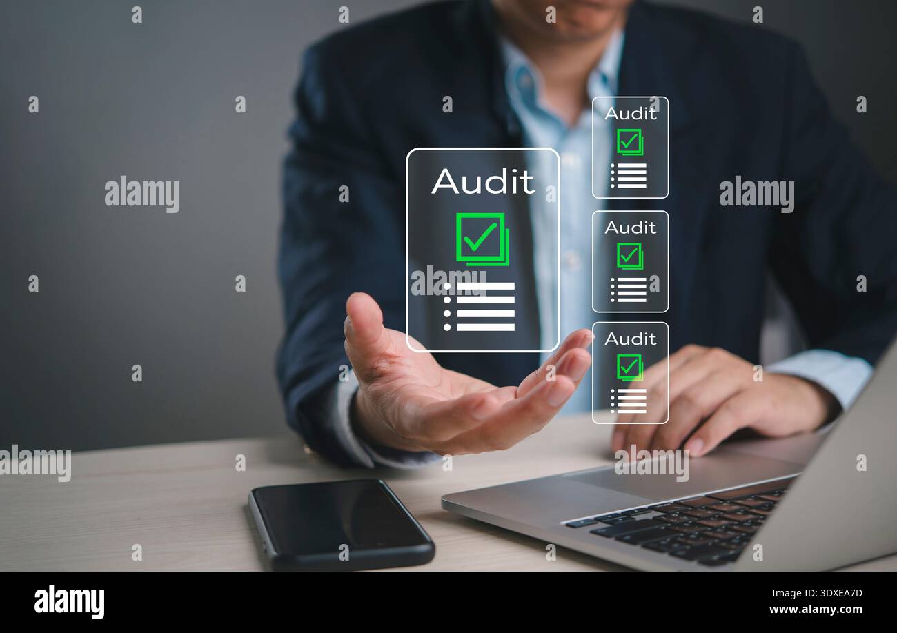 Businessman presenting digital audit checklist interface checkmark document compliance verification report quality control management system approval Stock Photo