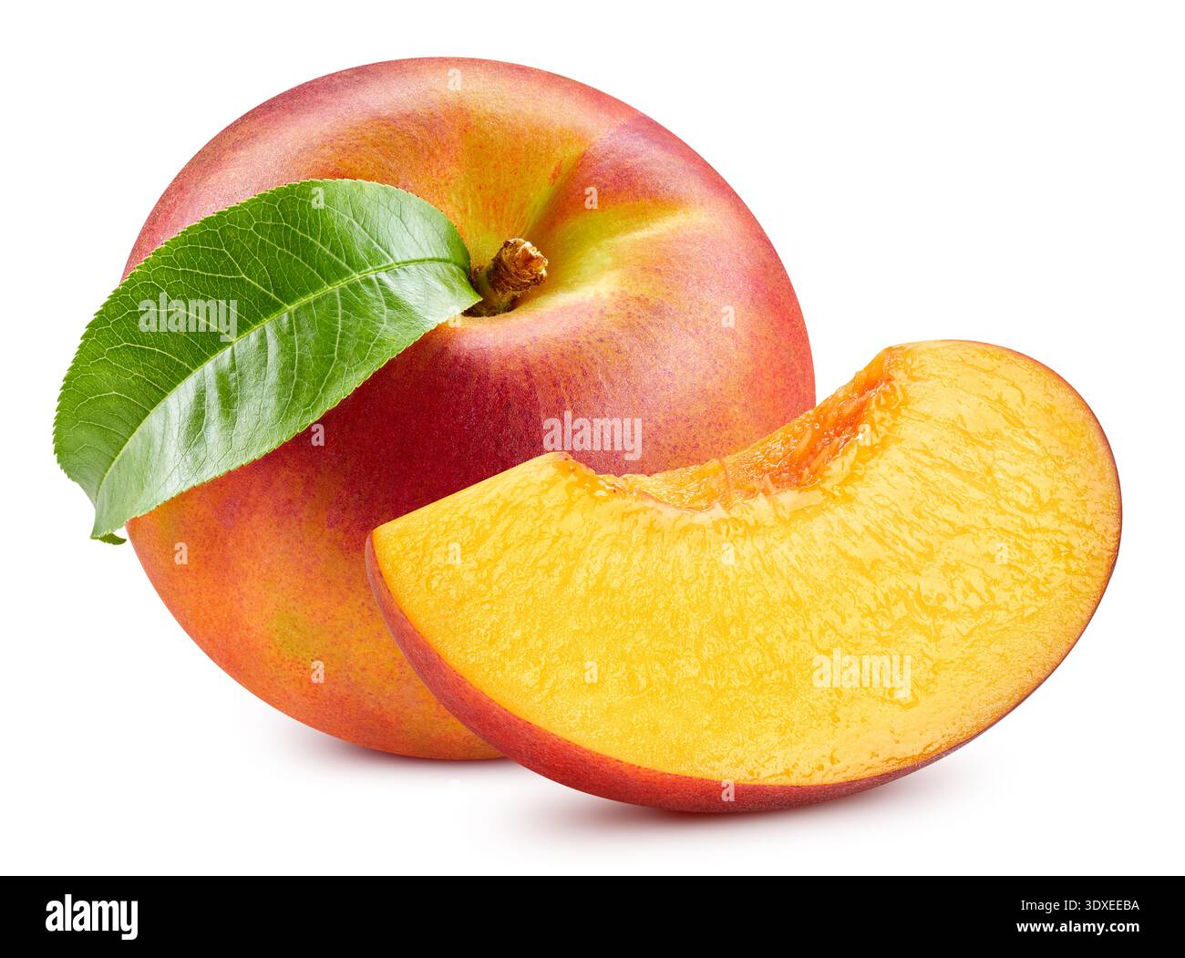 Isolated peach with leaf. Peach fruit on white background with clipping path. As design element. Stock Photo