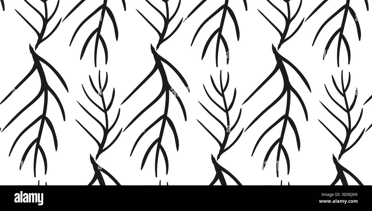 Seamless Abstract Leaf Branch Pattern with Black Botanical Lines on White Background Stock Vector