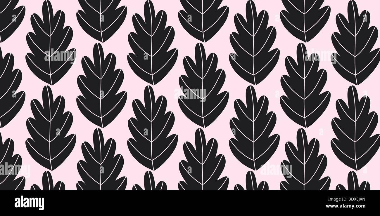 Seamless Stylized Oak Leaf Pattern with Repeating Black Botanical Leaves on Pink Background Stock Vector