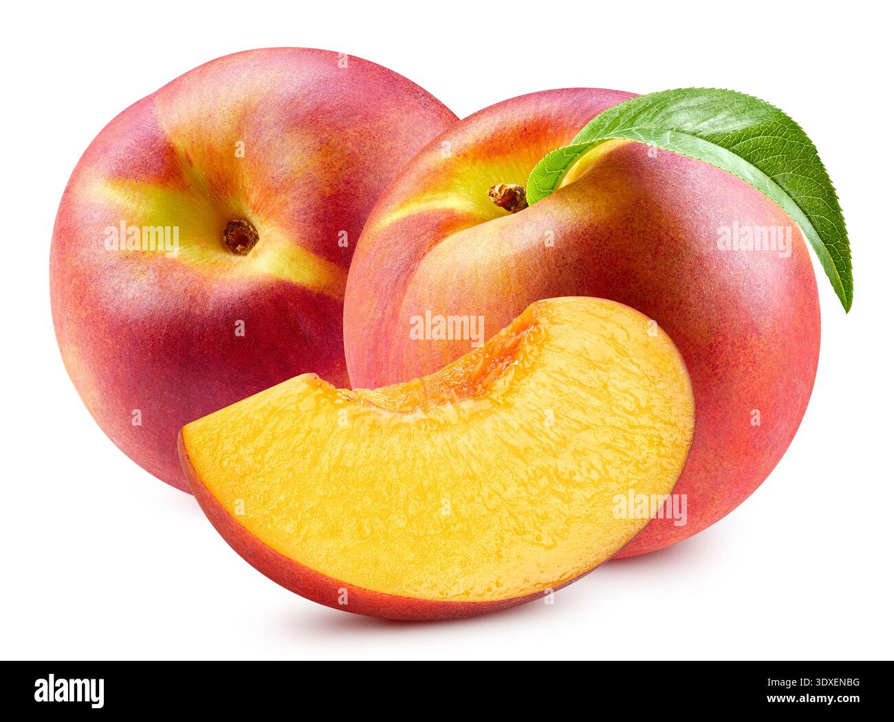 Peach fruit with leaves isolate. Peach on white. Peach clipping path. Stock Photo
