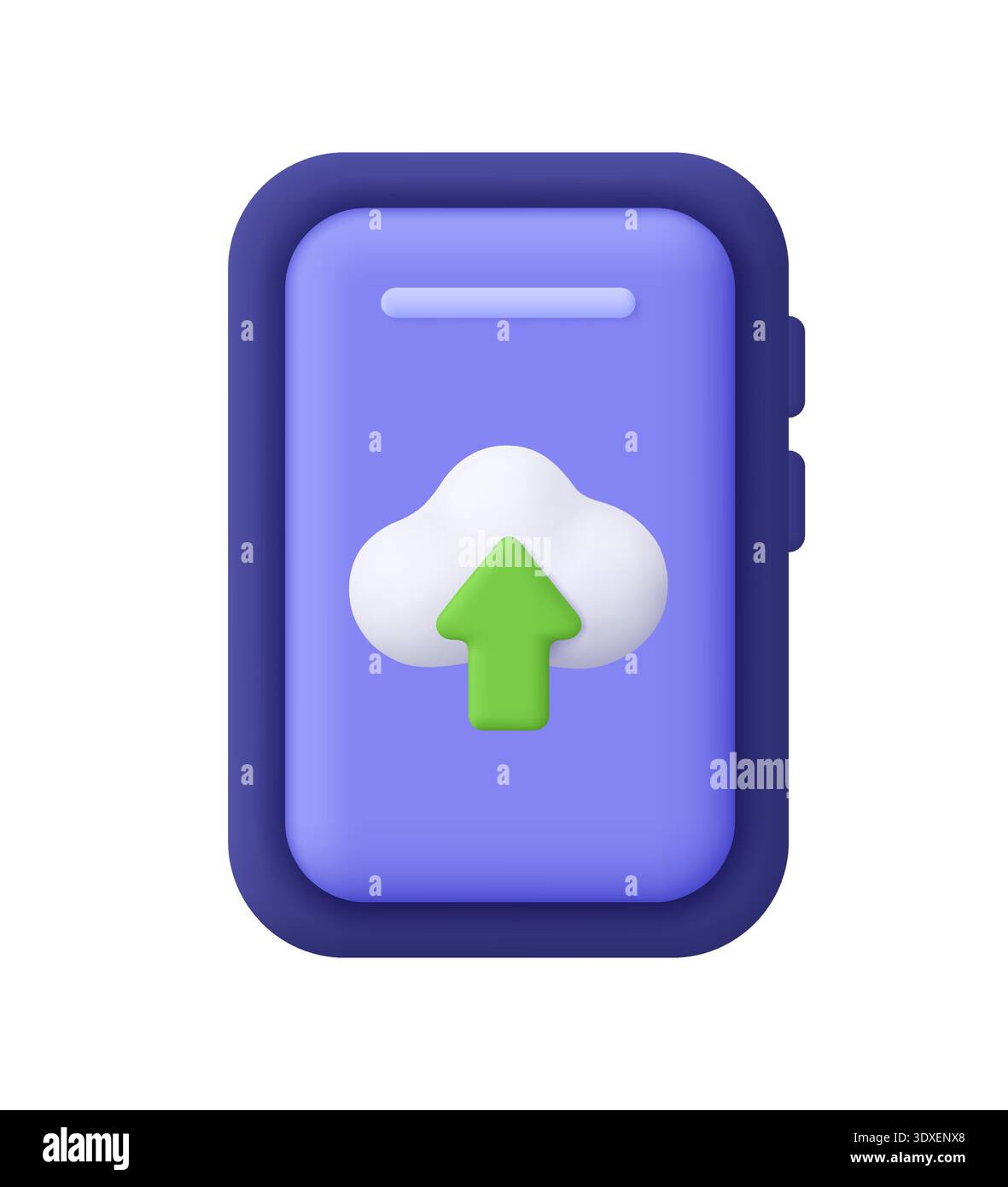 Smartphone with cloud and green upload arrow on purple screen. Data upload, cloud storage, synchronization, online backup and cloud computing concept. Stock Vector